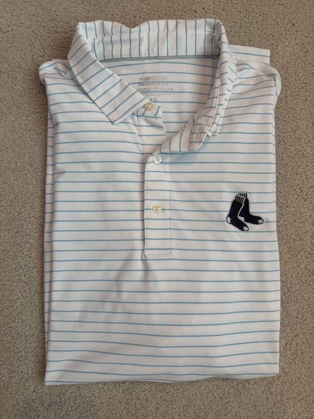 Vineyard Vines White Polo with Light Blue Stripes and Navy Logo
